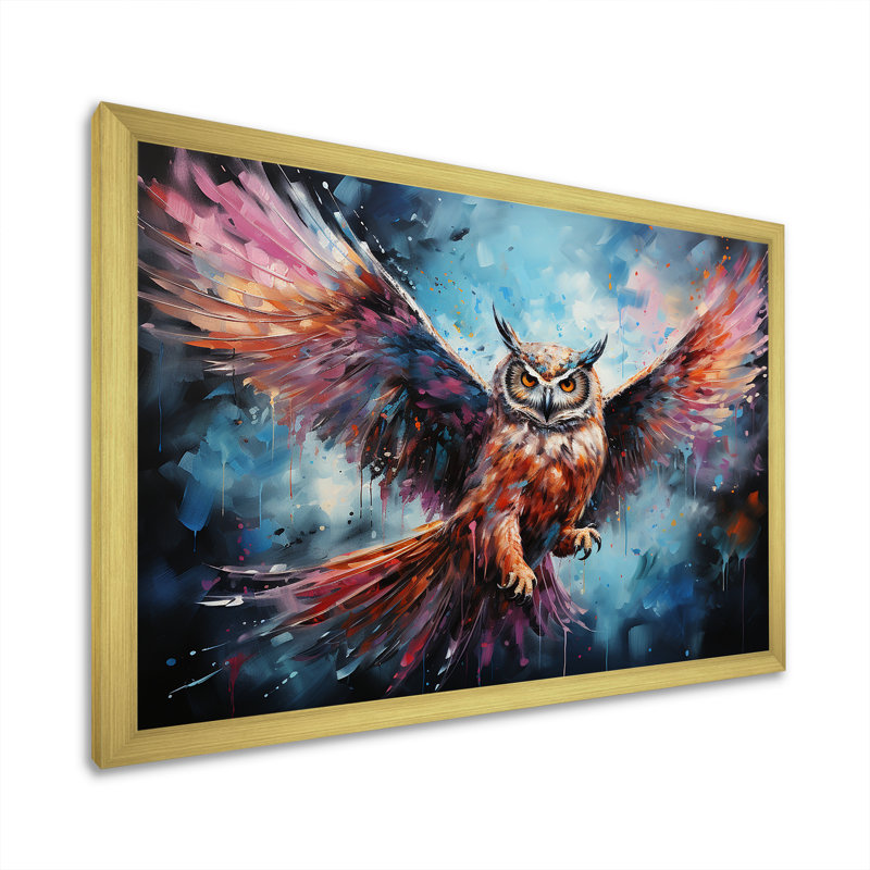 Dreamy Owls In Flight - Hibou grand, art mural, Encadrement doré, H 24 po x l 32 po x P 1 po