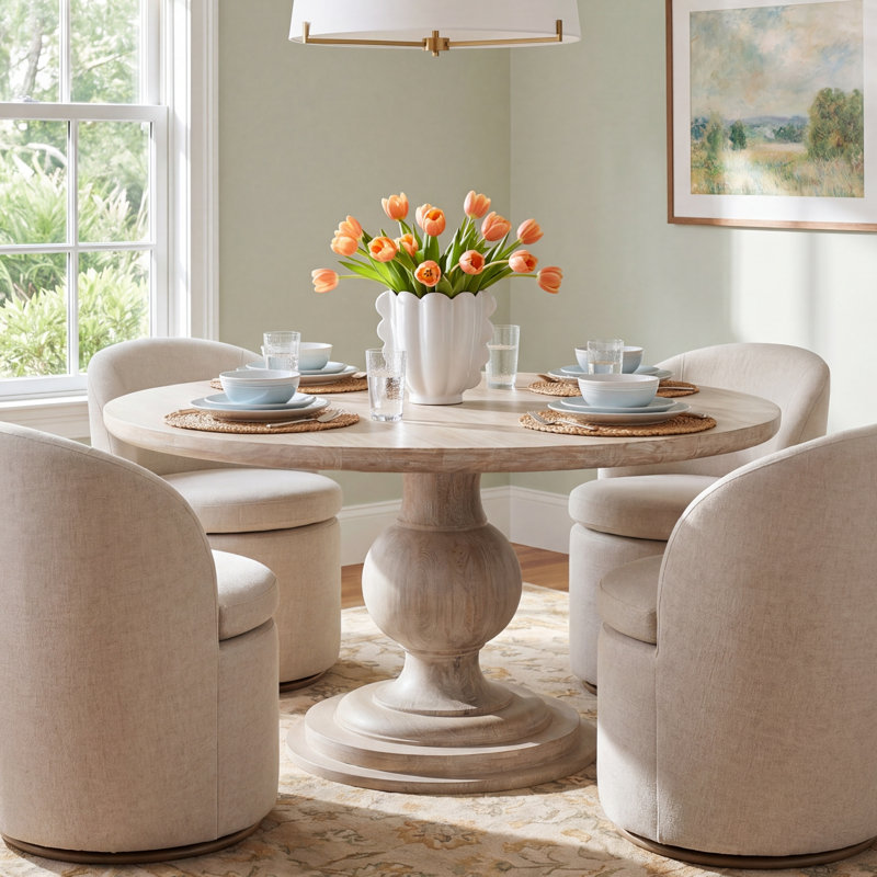Kimble Round Solid Wood Dining Table, White Washed