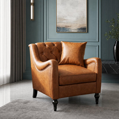 Diamond-Tufted Faux Leather Sofa with Curved Arms and Birch Legs