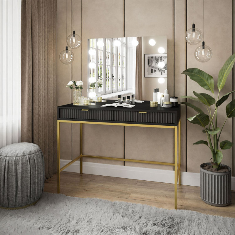 Anges Dressing Table with Mirror, Black Matt/Gold