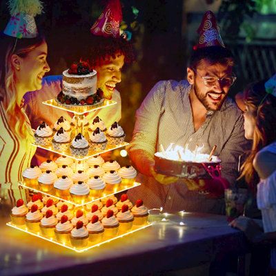 Cupcake Stand with Yellow LED Lights, 4 Tier Cupcake Stand for 50 Cupcakes, Acrylic Cupcake Tower Stand, Clear Tiered Cupcake Holder for Birthday Candy Bar Décor Weddings, Parties Events
