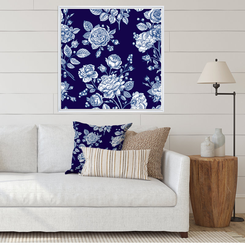 «Light Blue Roses On Dark Blue», reproduction d'art sur toile à motifs, H 30 po x l 30 po x P 1 po, Cadre flottant blanc
