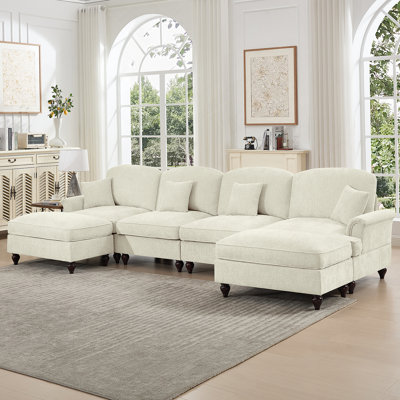 Classic U Shape 4 Seater Modular Sectional Sofa with Flared Arms, Removable Ruffles Pleats Skirts, and Spindle Legs, Chenille Deep Seat Cloud Sofa with Movable Ottomans, Beige White