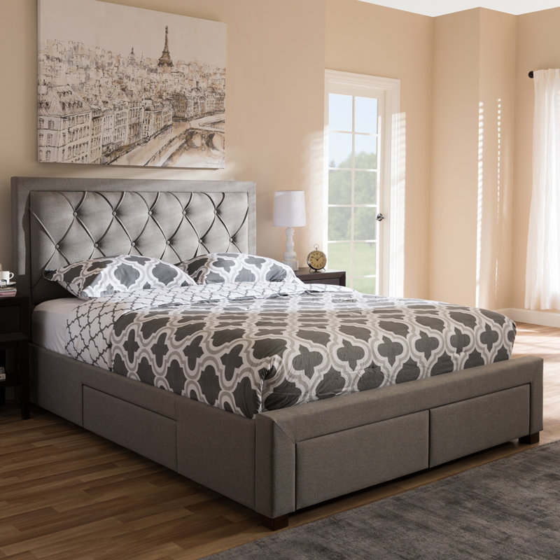 Gray Queen Upholstered Platform Storage Bed with Tufted Headboard