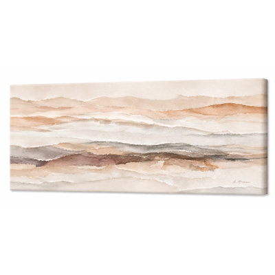 Tableau panoramique sur toile tendue, aux tons neutres chauds, représentant des montagnes superposées