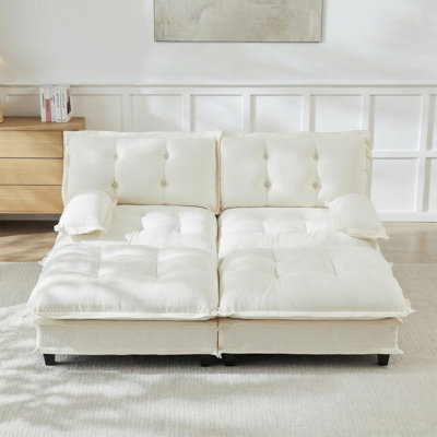 Canapé modulaire modulaire 77 po avec 2 repose-pieds, canapé à 2 places en chenille profonde avec coussin en treillis confortable décoré, canapé-lit pour salon, chambre à coucher et appartement, beige