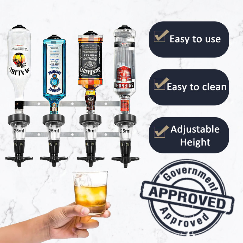  Black 4 Bottle Wall Mounted Bar Rail & 25ml Spirit Optics, UK Made, Fits 70cl–1.5L Bottles