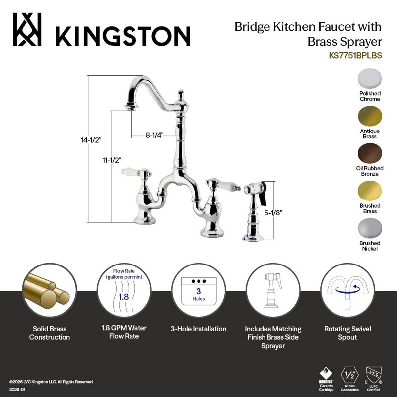 Kingston Brass Heirloom Two-Handle 3-Hole Deck Mount Bridge Kitchen Faucet with Brass Side Sprayer, Oil Rubbed Bronze