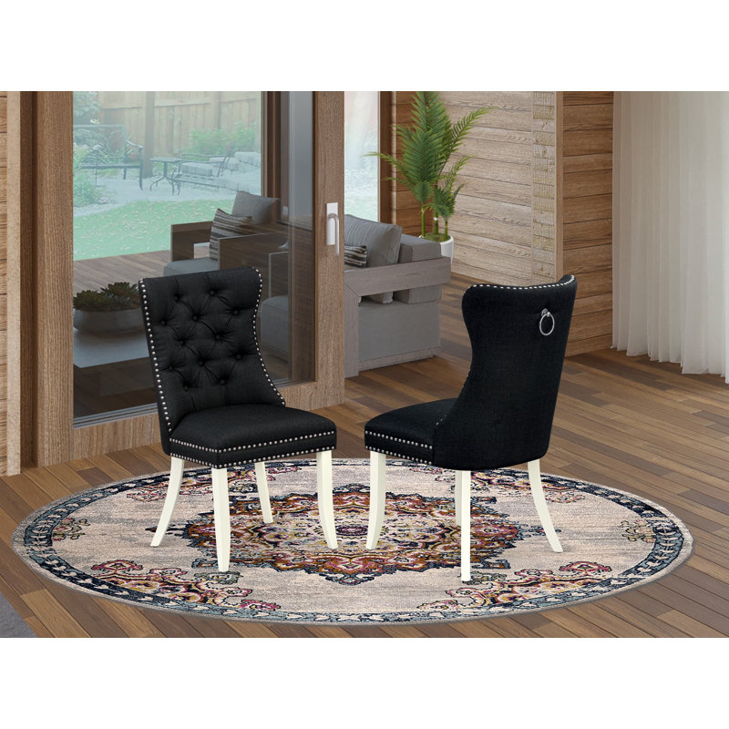 Denison Parson Dining Chairs - Button Tufted Nailhead Black Polyester Fabric Padded Chairs, Set of 2, Linen White, Black