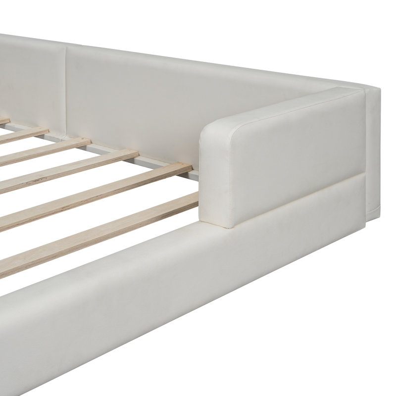 Grand lit plateforme tapissier avec 2 lampes de lecture, Blanc