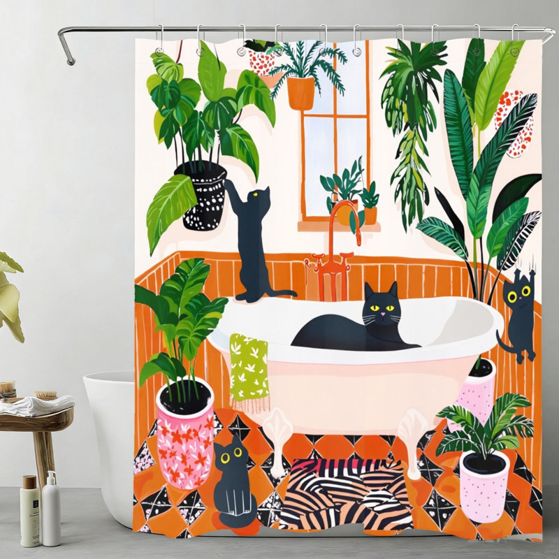Rideau de douche 183 x 183 cm avec motif de chat noir et de plante d'intérieur, décor de salle de bain