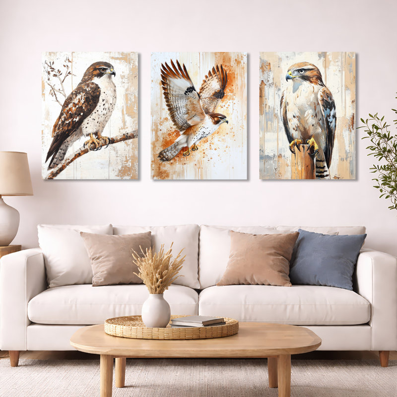 Hawk on the Hunt - Brown Hawk, art mural encadré 3 pièces, Toile tendue, H 32 po x l 72 po