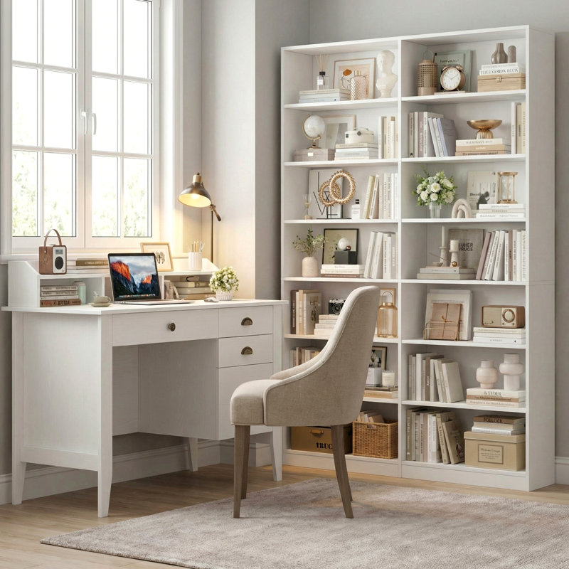 2-Piece Desk And Bookcase Set – 14-Cube Double-Wide Bookcase + Computer Desk With Drawers For Home Office