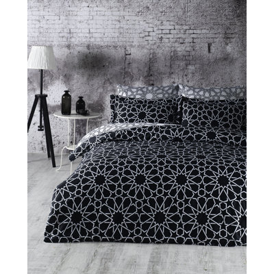 Ensemble de housse de couette luxueuse 100% satin de coton double - noir et blanc, housse de couette 78,7 po x 86,6 po | Drap plat 94,5 po x 102,4 po | 210 fils au pouce carré, lavable à la machine, enveloppes et boutons, literie douce et élégante