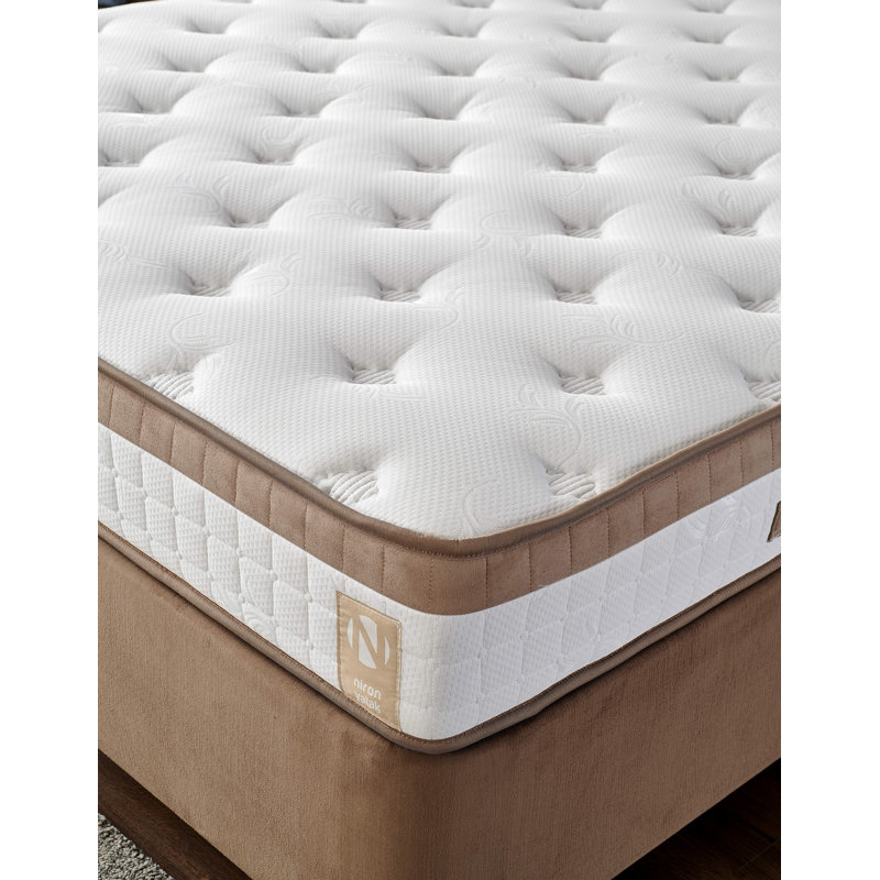 Matelas d'hôtel de luxe, blanc et brun, 55,1 po x 74,8 po x 9,1 po | Housse en tissu, système multi-ressorts | Parfait pour le confort et le soutien, idéal pour un sommeil réparateur, assemblé pour une utilisation immédiate