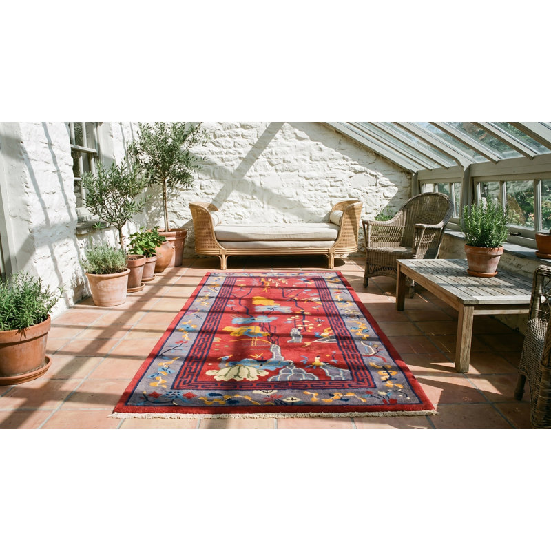 Small Scatter Size Chinese - Art Deco Knotted 1920s Antique Coral Wool Rectangle Rug