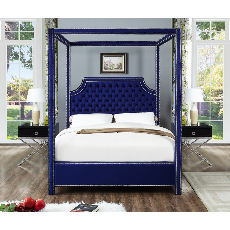 Emet Upholstered Canopy Bed, King, Navy Velvet