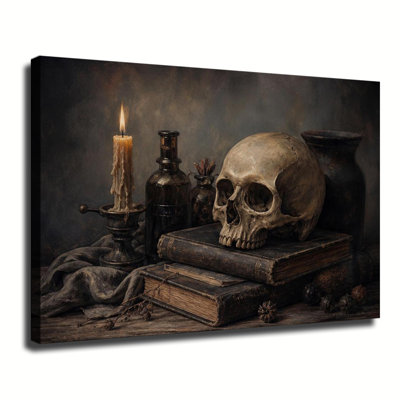 Crâne gothique de nature morte et vieux livres, art mural sur toile, bougie rétro, peinture d'Halloween pour chambre