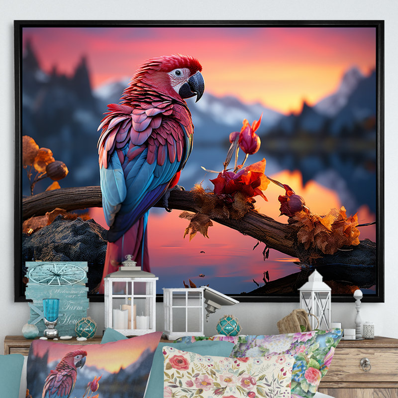 Coucher de soleil rouge et bleu avec plumage radieux au coucher du soleil, Cadre flottant noir, H 24 po x l 32 po x P 1 po