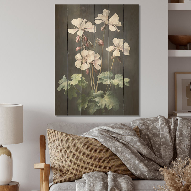 Noir et blanc, géranium, expression minimale I - géraniums, art mural sur bois de pin naturel, H 40 po x l 30 po