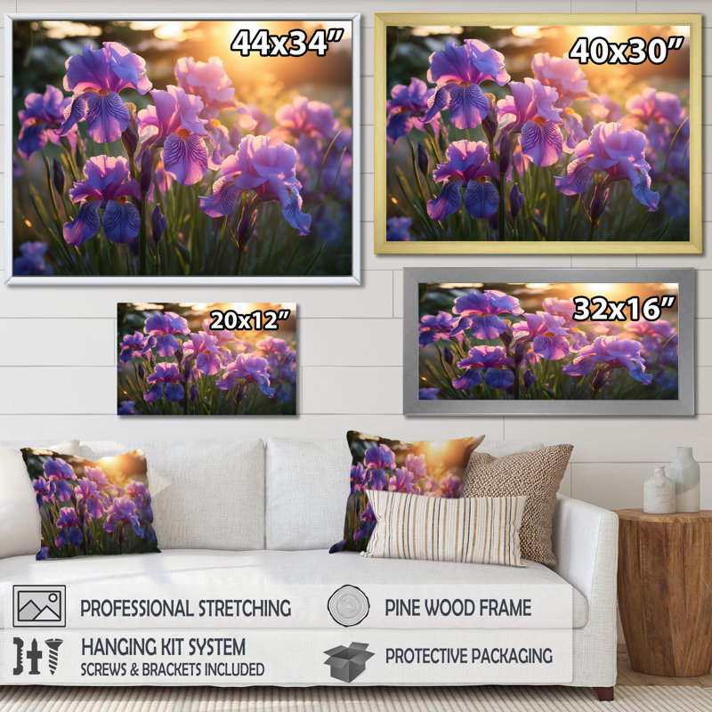 " Purple Irises Field With Sunset III ", 12" H x 20" W x 1" D, Silver Single Picture Framed