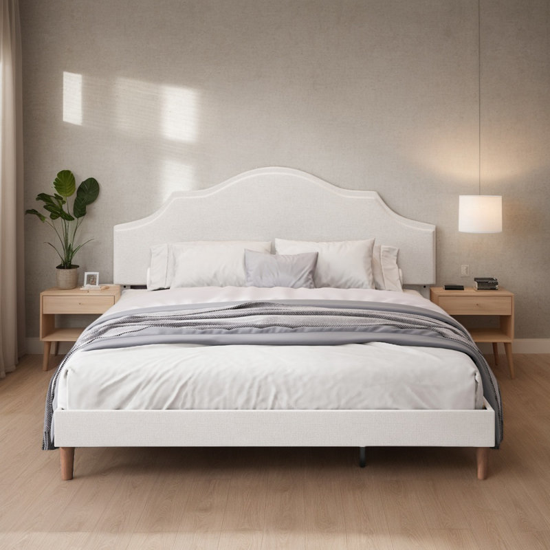 Très grand lit plateforme tapissier avec sommier tapissier, sommier à lattes en bois avec tête de lit réglable, blanc