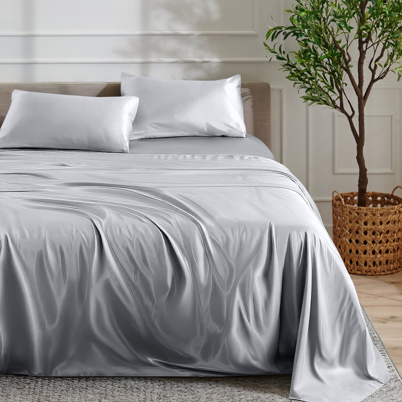 Ensemble de literie en satin, Ensemble de draps pour grand lit avec 2 taies d'or, Argent