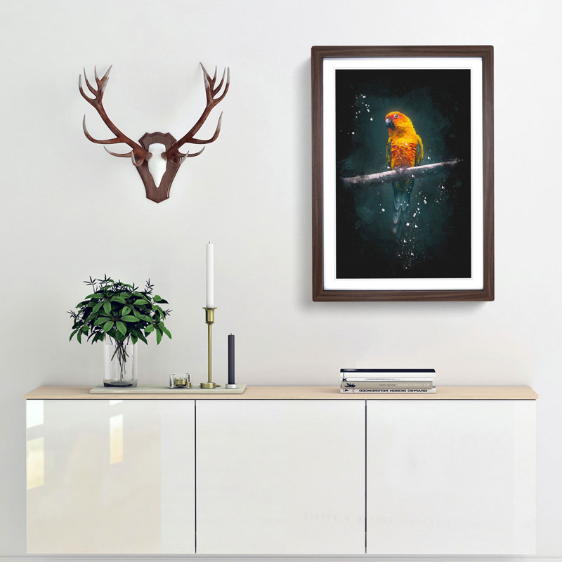 Perched Parrot - Picture Frame Graphic Art Print, 87cm H x 62cm W x 2cm D, Walnut Framed