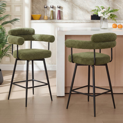Kiylan Swivel Upholstered 26.7" Sherpa Counter Stool with Curved Wing Back and Metal Frame