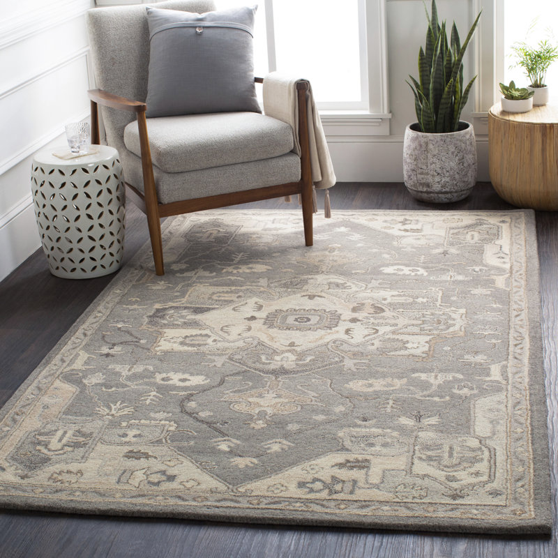 Burkholder Oriental Hand-Tufted Wool Charcoal/Taupe Area Rug, Rectangle 6' x 9'