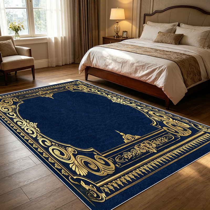 1PC Vintage Navy Blue Gold Filigree European Royal Ornate area rugs for Living Room, Soft and Comfortable, Suitable for all seasons, easy-to-maintain, machine washable Indoor floor mat, Under Table Farmhouse suitable for dining table, bedroom,