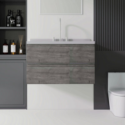 Meuble-lavabo flottant 36 po avec lavabo, tiroir à fermeture en douceur, comptoir en granite blanc 2 po et dosseret, contreplaqué
