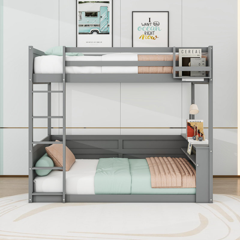 Grand lit superposé en bois avec lumière DEL et station de charge USB, gris