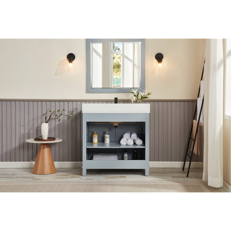 36" Solid Wood Sink Vanity With 1' Artificial Stone Top, Cadet, Black