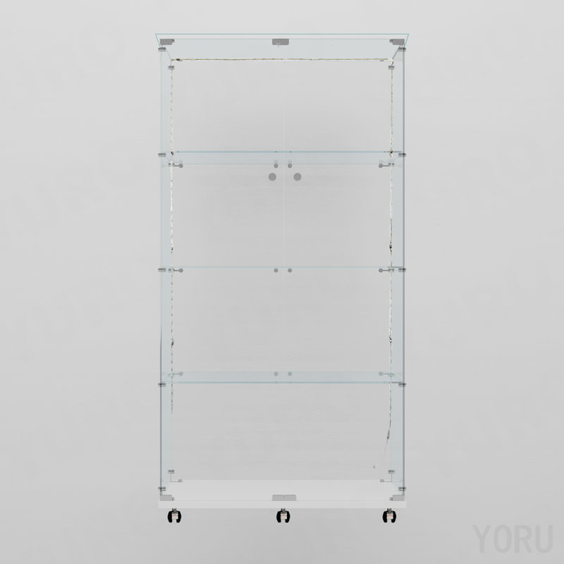 Glass Storage Cabinet, Wine/File, Bluetooth LED/Remote Control/Wheels - White