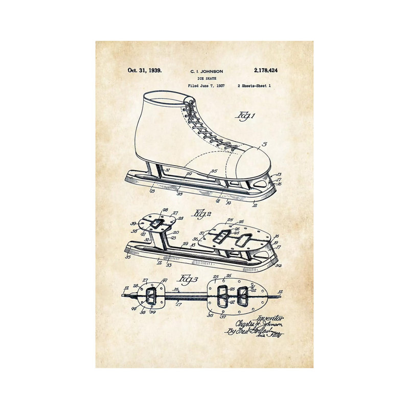 Patins de glace par brevet 77 - reproduction de dessin sur toile tendue, H 40 po x l 26 po x P 1,5 po