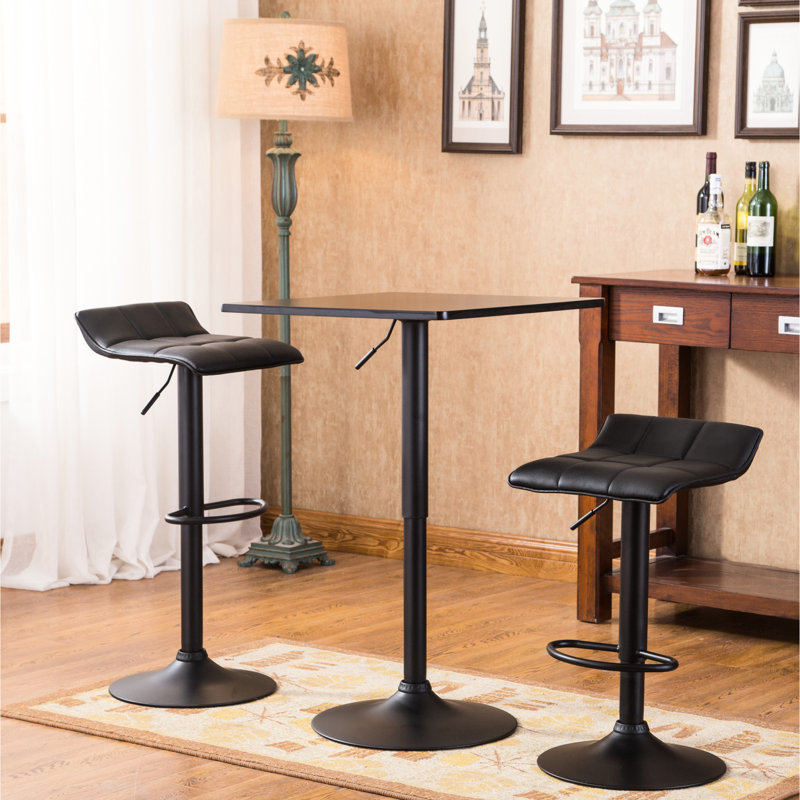 Table de bar carrée noire avec hauteur réglable et 2 tabourets pivotants en cuir en métal pour la maison