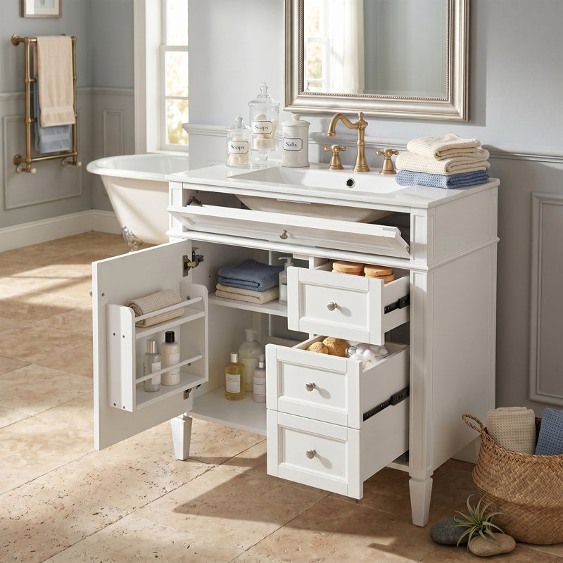 Meuble-lavabo autoportant en bois aggloméré de 30 po avec lavabo en céramique blanc, 2 tiroirs, tablettes de porte réglables et tiroir coulissant