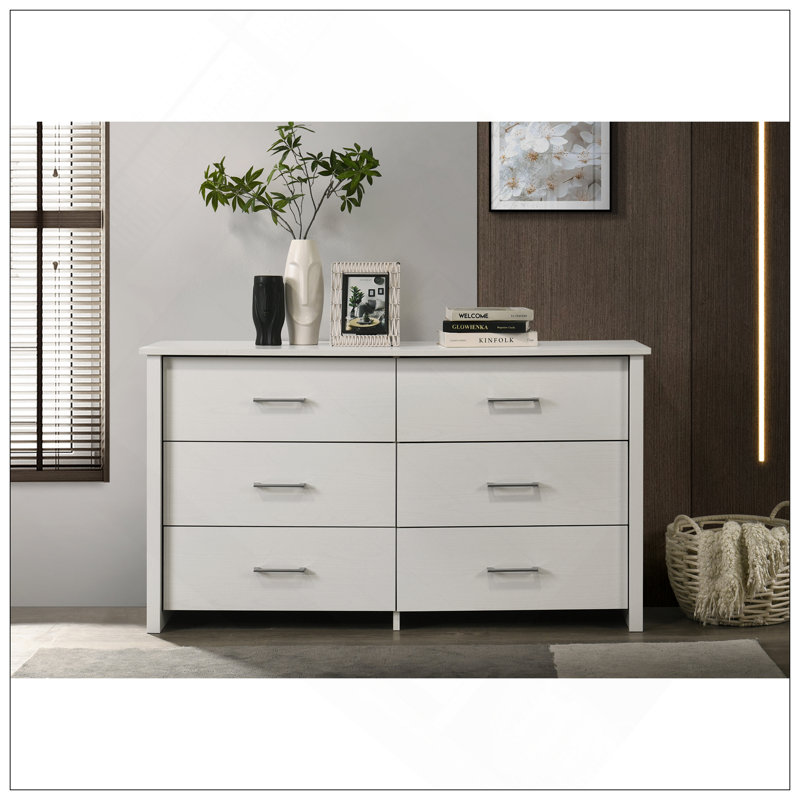 Commode 6 tiroirs au fini chêne clair, Blanc