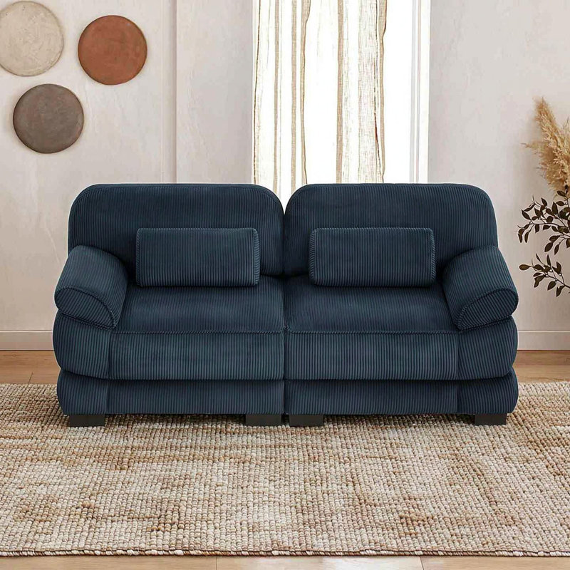 Sofa deux places avec coussins et oreillers, Bleu