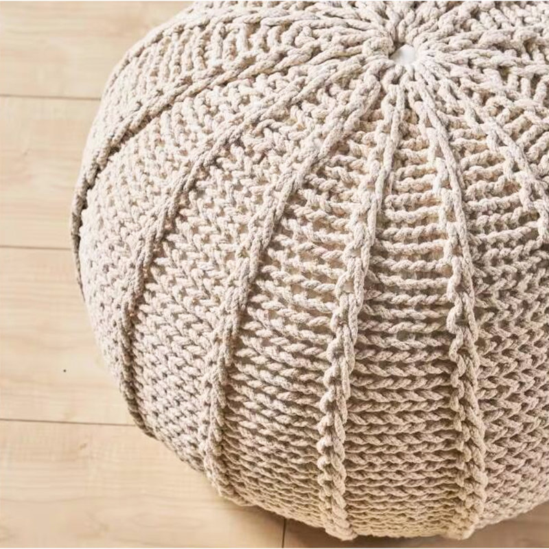 Pouf rond en coton beige fait à la main, taille 19,5 pouces, charge de 250 livres, sans assemblage, idéal pour repose-pieds ou pouf supplémentaire