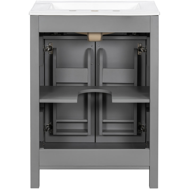 Meuble-lavabo de 24 po avec lavabo en céramique, tiroir rabattable, rangement à double porte, fonction de fermeture en douceur et finition exquise pour les espaces compacts 24 po avec rangement intelligent, cadre en bois massif
