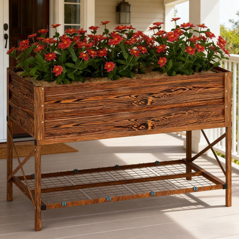 Gardening Bed,Metal Planter Box,Galvanized Raised Garden Bed,with Legs,Storage Shelf and Bed Liner, Dark Brown