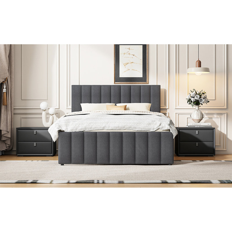 Lit rembourré avec lit gigogne simple et 3 tiroirs en lin gris - Confortable et polyvalent, Lit double