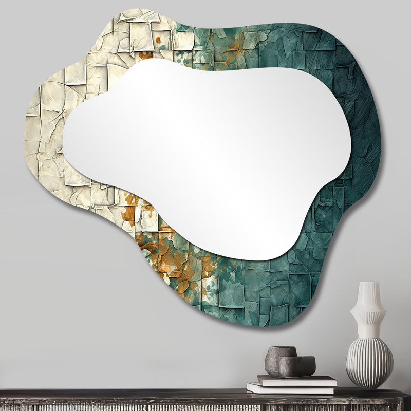 Auspiciosité rétro sarcelle géométrique III - peinture abstraite miroir asymétrique, miroir mural décoratif nuage doré, impression d'art en métal