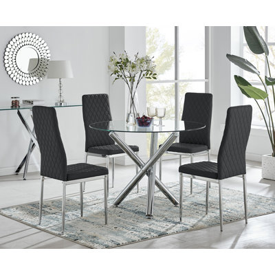 Eubanks Modern Round Dining Table Set in Glass and Chrome with 4 Luxury Faux Leather Chairs