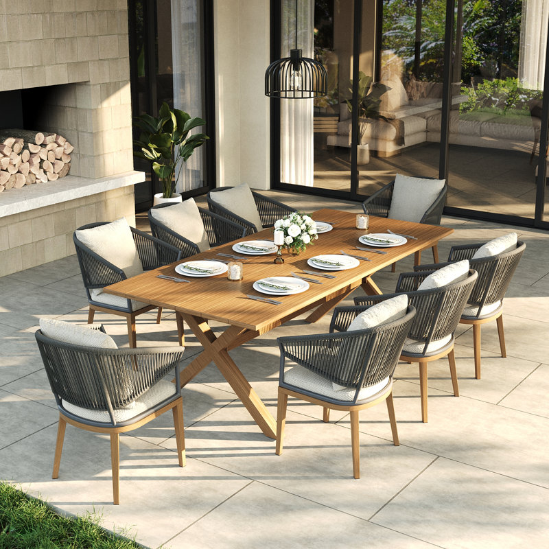 Ensemble repas extérieur pour 8 personnes avec coussins 8 personnes, Beige / bois brun / gris / brun, 8