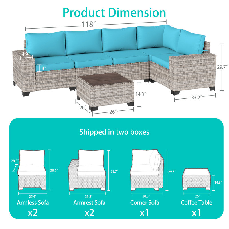 Ensemble de canapé modulaire d'extérieur en osier 6 pièces Muphyer, Turquoise