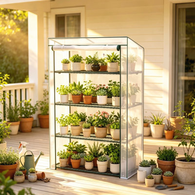 Four-Tier Portable Mini Greenhouse with Steel Plant Shelves & PE Cover