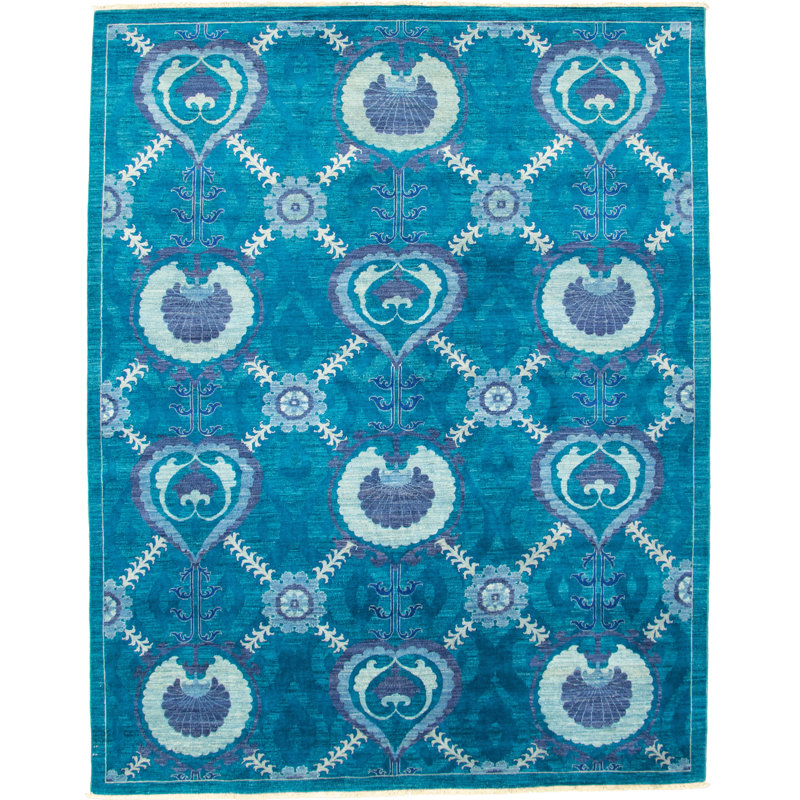 Tapis turquoise en laine noué à la main Deluna, Rectangle 8 pi x 10 pi